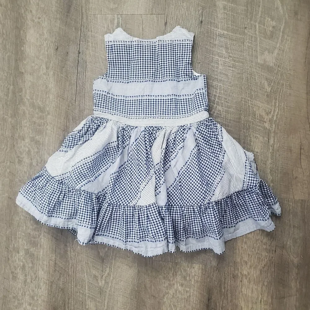 Genuine Kids OshKosh Girl Dress Size 4T Blue Gingham Patchwork Seersucker Cotton